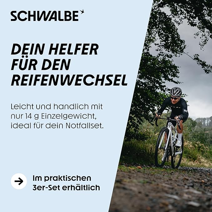 Schwalbe Reifenheber Fahrrad - 3er Set Fahrrad Reifenheber – 3in1 Fahrrad Werkzeug, Montierhebel mit integrierter Klemmfunktion und SV Ventilschlüssel