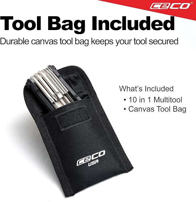 CECO USA 10 Function Bike Tool, Bicycle Multi Tool, Heavy Duty, Compact Pocket Sized, Lightweight, High Strength CR-V 6150 Tool Steel, Easy To Carry, Case Pouch Included, Original