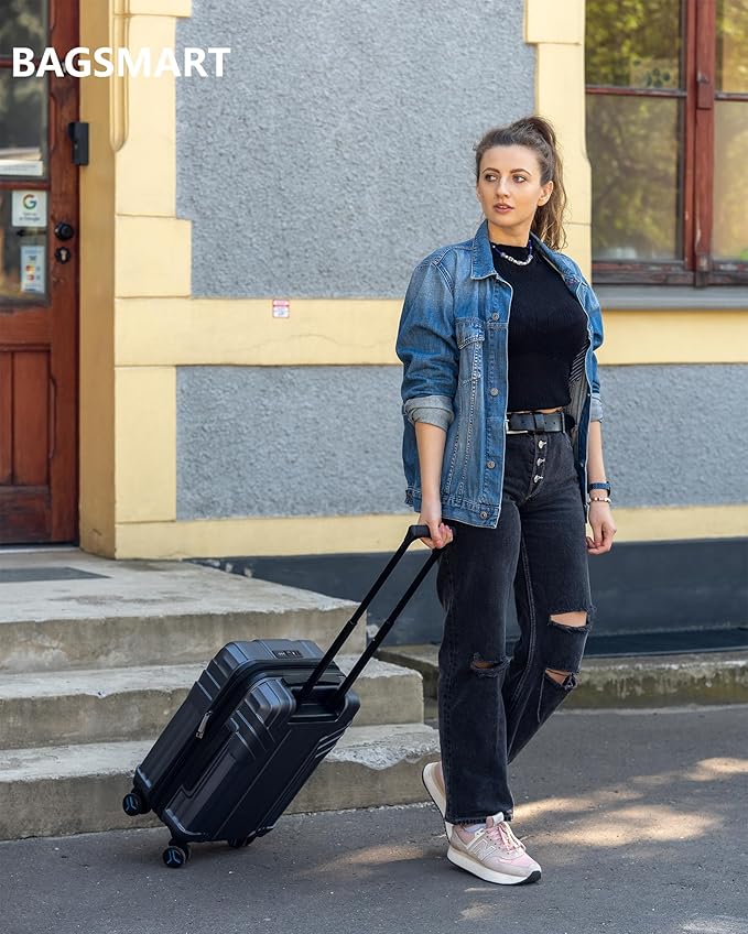 BAGSMART Expandable Carry On Luggage 22x14x9 Airline Approved, 1OO% PC Lightweight Hard Shell Suitcase, 20 Inch Travel Luggage with Spinner Wheels, Waterproof Rolling Suitcase, Gray…