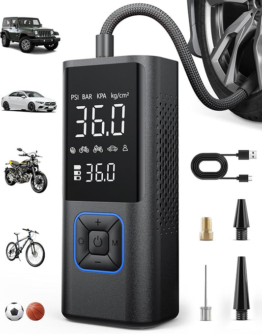 Powools Cordless Tire Inflator 150PSI Portable Air Compressor with Auto Shutoff, Air Pump for Car Tires, Motorcycle, Bike, Balls, Inflatables, LED Light, Blue, Large Capacity