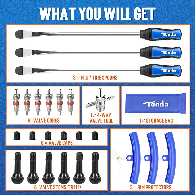 TONDA Tire Spoons, Tire Changing Kit for Motorcycle Dirt Bike Lawn Mower Tractor, Tire Removal Tool Set with Rim Protectors, Valve Tool, Valve Cores, Valve Caps, Valve Stems, Storage Bag
