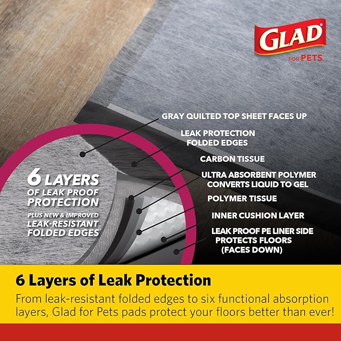 Glad for Pets Activated Carbon Puppy Training Pads with Chew Deterrent and Attractant, Odor Control, 23 x 23 Inch Disposable Dog Pee Pads, 6-Layer Leak-Resistant Potty Pads, 50 Count