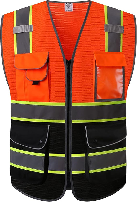 JKSafety 9 Pockets High Visibility Dual Color Zipper Front MESH Lite Safety Vest | Yellow Color Triming Reflective Strip | ANSI/ISEA Standards (100-Orange-Black, M)