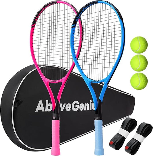 Neon Tennis Rackets 2 Pack for Adults- 27" Lightweight Aluminum Tennis Racquet Set with 3 Balls & Bag- Vibrant High-Visibility Matte Finish for Men Women Beginners