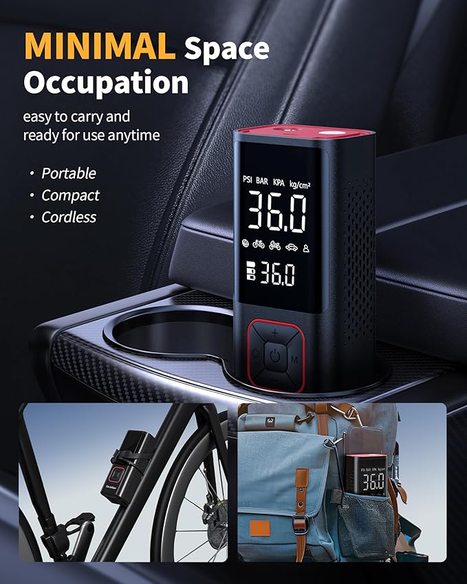 Powools Cordless Tire Inflator 150PSI Portable Air Compressor with Auto Shutoff, Air Pump for Car Tires, Motorcycle, Bike, Balls, Inflatables, LED Light, Red, Large Capacity
