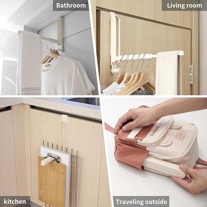 Over The Door Hooks Hanger Fit Door up to 1 3/4" Optimal 2pc,Over The Door Hanger with Retractable Rod,Foldable Over The Door Drying Rack for Laundry Bathroom Bedroom (Milky White, 2 Pack)