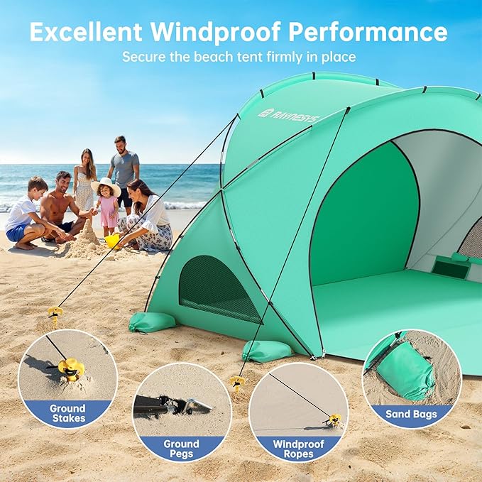 Beach Tent Sun Shelter, Beach Shade Tent with UPF50+ UV Protection, Sun Shelter for 1-6 Person, Beaches Shade with 2 Zippered Doors, Portable Tents for Camping Fishing, Green