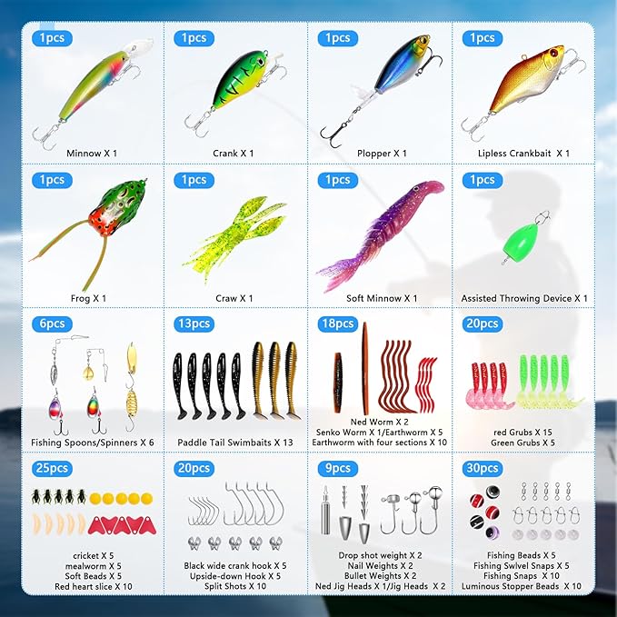 Fishing Lures - Tackle Box with Tackle Included, Fishing Kit with VIBs, Frogs, Minnows, Soft Baits, Hooks & Weights Accessories, Freshwater Lure Kit for Bass Walleye Trout
