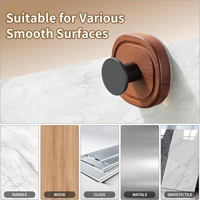 DELITON Suction Cup Hooks for Shower - 4 Pack Wooden Bathroom Towel Hooks Removable Without Drilling, for Hanging Towels, Bath Towels, and Bathrobes