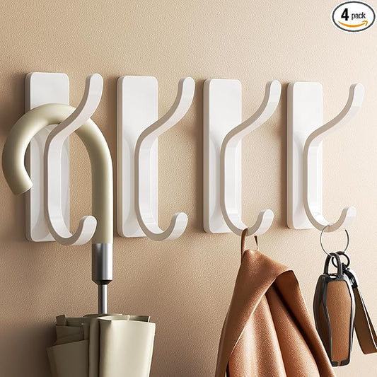 niffgaff Wall Hooks for Coat and Towel: 13lb Adhesive Door Hanger Stick On, Sticky Hook for Wall, Closet, Bathroom - White, 4 Pack