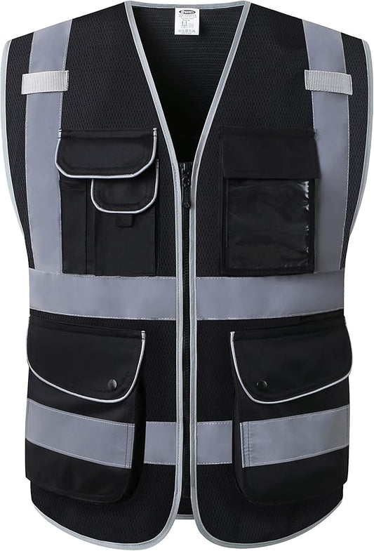 JKSafety 9 Pockets High Visibility Safety Vest for Men and Women, Hi-Vis Reflective Black Safety Vests with Zipper Front, Meet ANSI/ISEA Standards(159-Black L)