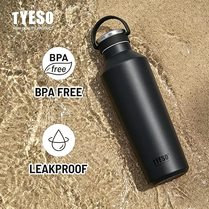 TYESO Stainless Steel Vacuum Insulated Water Bottle, Insulated Water Bottle with Soft Silicone Carry Handle (BLACK, 25 OZ)