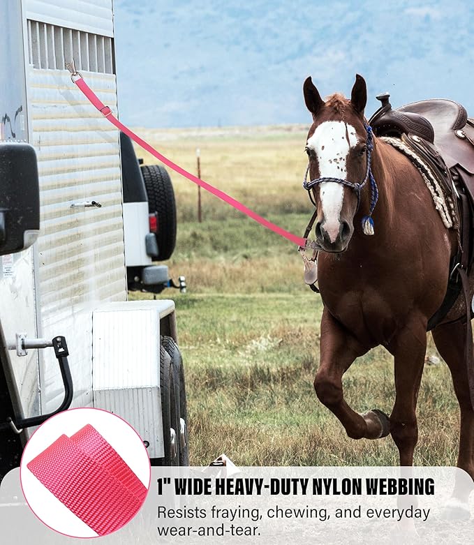 Cross Ties for Horse, Nylon Trailer Tie w/Quick-Release Panic Snap & Bull Snap Horse Trailer Accessories, Adjustable Length Range 42.5" to 73", Equestrian Supplies, Bright Pink