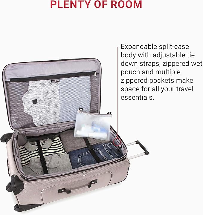 SwissGear Sion Softside Expandable Luggage – Large Checked Suitcase with 360 Degree Wheels & Retractable Handle – 29 Inch, Perfect for 7-9 Night Trips – Pewter