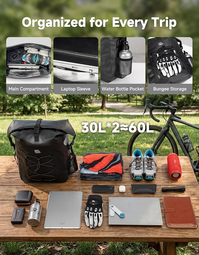KEMIMOTO Bike Pannier Waterproof 2-Pack, 60L Bicycle Saddle Bag for Rear Rack, Side Storage Bag with Laptop Compartment & Reflective, PVC Air-Tight Material – Commuting Touring Grocery Shoulder Carry