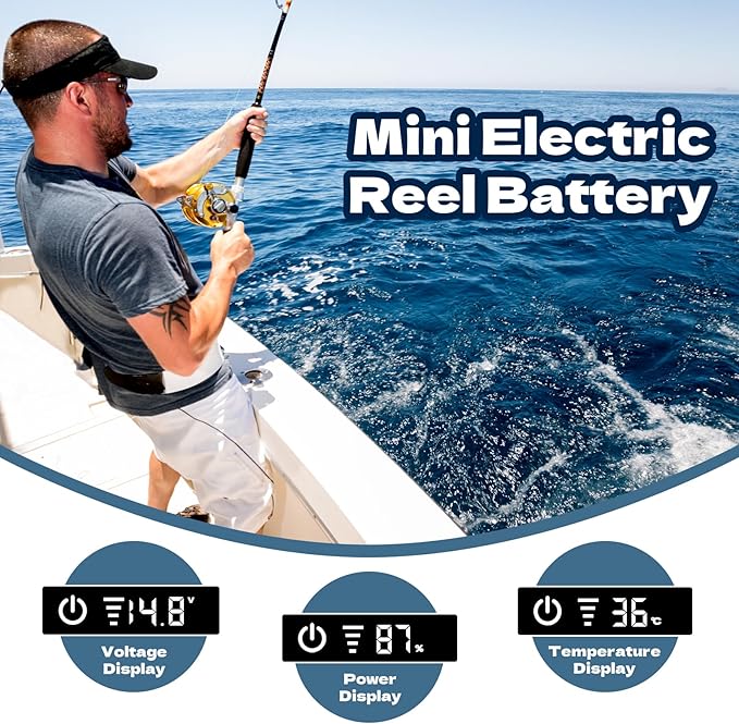 Super Mini Electric Fishing Reel Battery. Latest Model with Digital LED Display. Compatible with Daiwa & Shimano Electric reels.