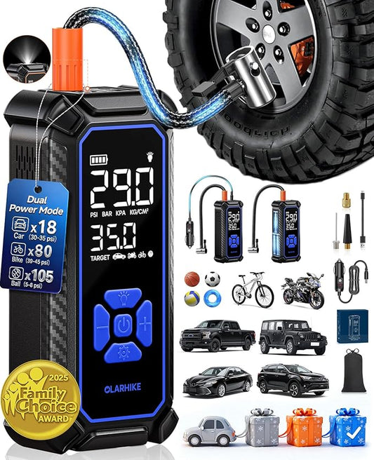 OlarHike Tire Inflator Portable Air Compressor, Dual Power - 6000mAh & 12V DC, Cordless Air Pump for Car Tires, Bikes, Motorcycle, Balls with LED & Digital Pressure Gauge, Auto Shut-off