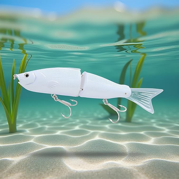 白 2連ジョイントスイムベイト、18cm 52g 釣りルアー 魅力的 軽量 大胆な疑似フローティングミノー、淡水・海水釣り用スローシンキング、トップウォータールアー、ベイト・誘引剤