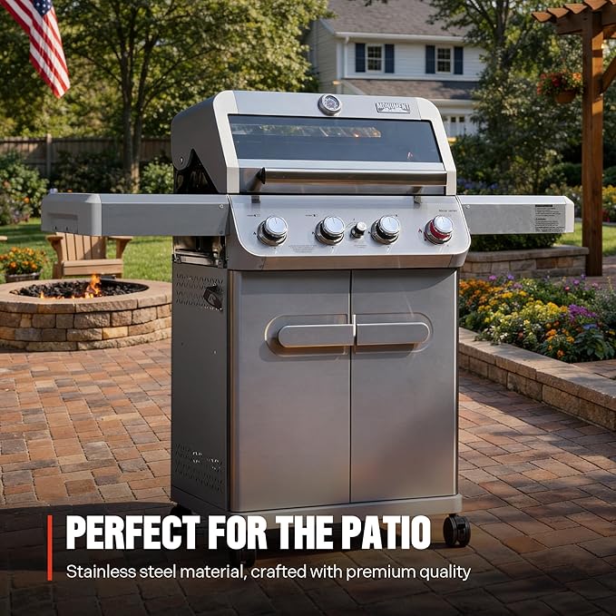 Monument Grills 4 Burner Propane Gas Grill, Stainless Steel Outdoor Patio Barbecue Grill with Cooking Plate, with Broil Zone Fast Heating, Knob Control, and Easy Cleanup, M410MBZ