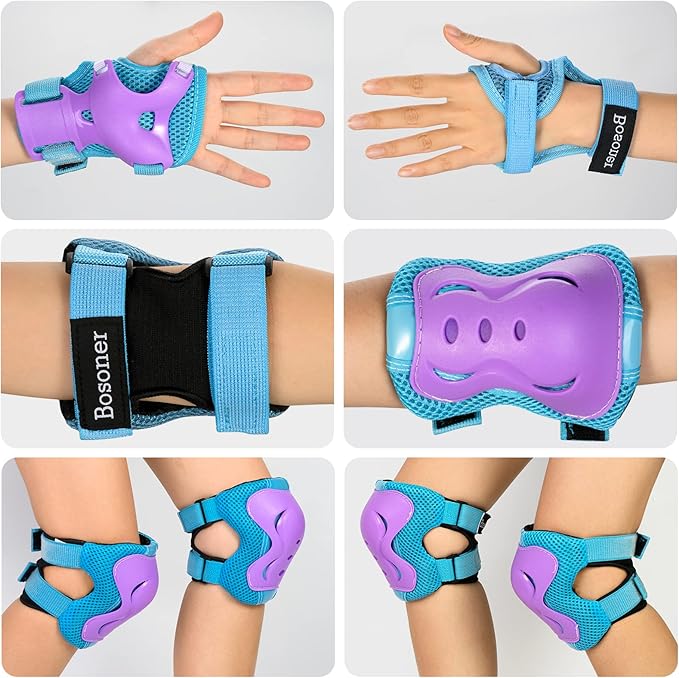 BOSONER Knee Pads for Kids Roller-Skating: Adjustable Protective Gear Set Knee Elbow Pads Wrist Guards for Bike Cycling Skateboarding Scooter Gifts 3-8 / 9-15 Years Boys Girls