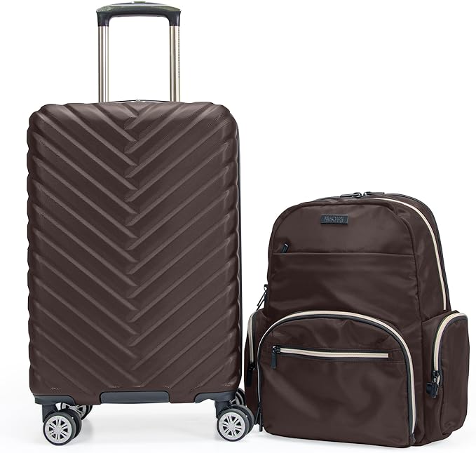 Kenneth Cole REACTION マディソン スクエア 軽量 ハードサイド シェブロン 拡張可能 スピナーラゲッジ チョコレートブラウン 2点セット (20インチ 機内持ち込み + ソフィー バックパック)