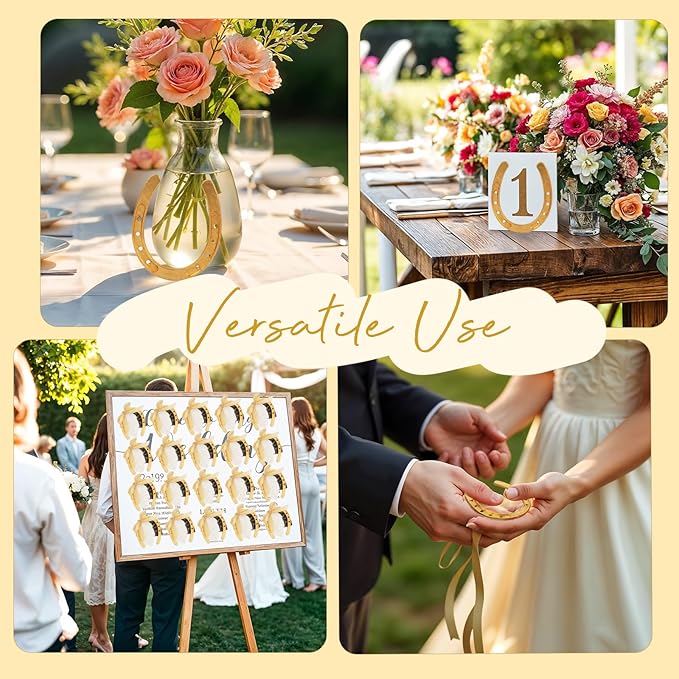 OurWarm 10PCS Gold Horseshoe Decor Wedding Favors with Black & White Tags and Ribbon, Stunning Horse Shoes Good Lucky Gifts for Wedding Birthday Kentucky Derby Party Decorations