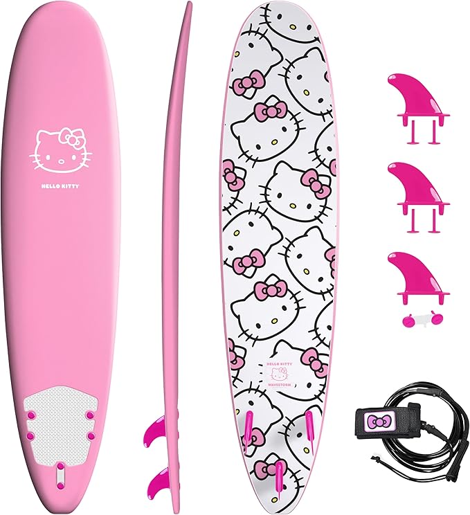 Hello Kitty 8ft Surfboard by Wavestorm | Graphic top Deck with high Density Slick Bottom | for Kids and Adults | Foam Construction with Accessories | Includes Basic Leash