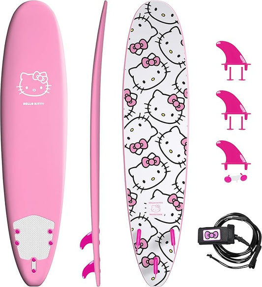Hello Kitty 8ft Surfboard by Wavestorm | Graphic top Deck with high Density Slick Bottom | for Kids and Adults | Foam Construction with Accessories | Includes Basic Leash