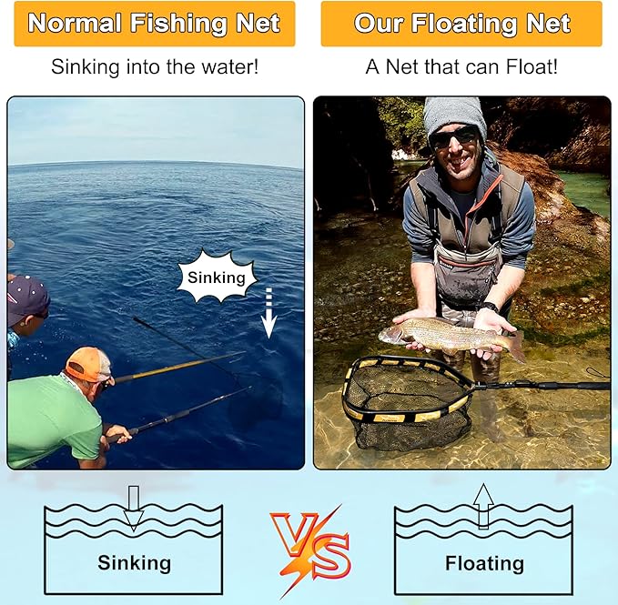 PLUSINNO Floating Fishing Net for Steelhead, Salmon, Fly, Kayak, Catfish, Bass, Trout Fishing, Rubber Coated Foldable Landing Net with Fixed or Telescoping Pole Handle, Fishing Gear and Gifts for Men
