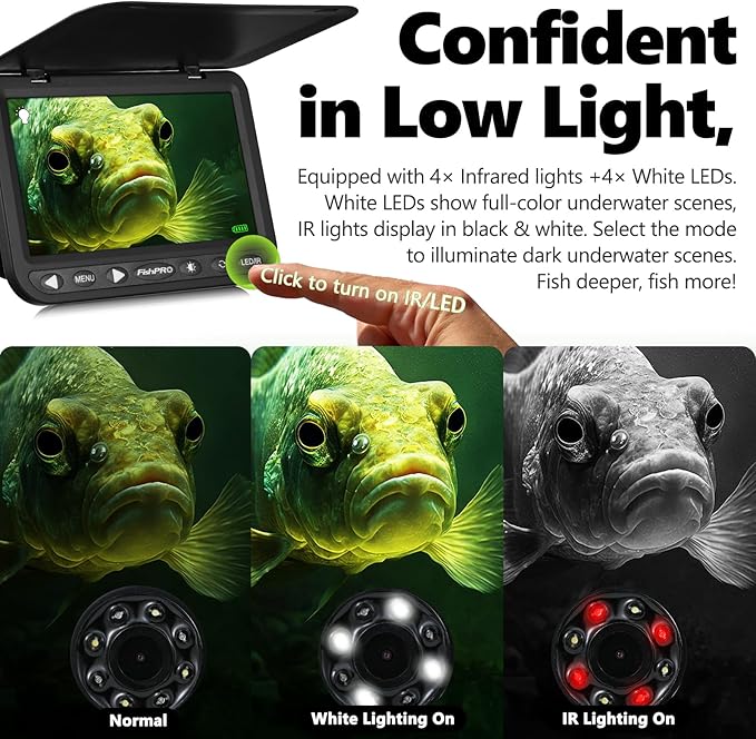 [FishPRO® 2026 Upgrade] NO.1 HD 1080P Underwater Fishing Camera 7'' IPS- w/10,000mAh (Ease to Use) N/DVR Ice Fishing Camera, Fish Finder Camera for Ice Lake Boat Fishing w/USB-C, LED+IR, 82ft