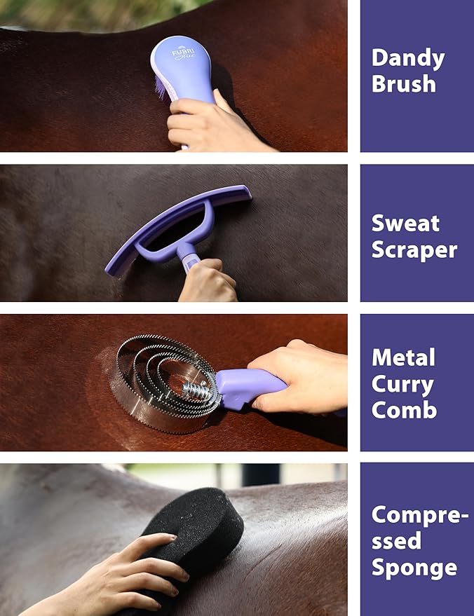 Horse Grooming Kit, 9 Piece Grooming Brush Set with Silicone Curry Comb for Bathing & Shedding Sugar Taro