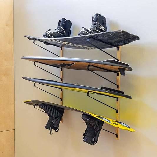 StoreYourBoard Avon Wakeboard Storage Rack, 4 Level Wall Mount Water Ski and Wake Surf Board Organizer, Natural Wood and Solid Steel Holds 200 lbs