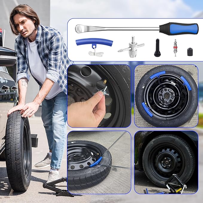 HTOMT 11.5" Tire Spoon Kit, 26pcs Tire Changing Tool for Motorcycle Dirt Bike Lawn Tractor Bicycle, Motorcycle Tire Changer Tire Removal Tool with 3pcs Rim Covers 6pcs Valve Tool Valve Cores(Blue)