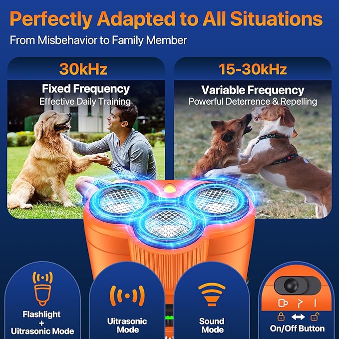 Dog Bark Deterrent Device, 3X Ultrasonic Anti Barking Device for Dogs, 6 Training Modes & 23 FT Range Stop Neighbors Dog Barks, Portable Dog Training Tool with Flashlight Indoor Outdoor Use, Orange