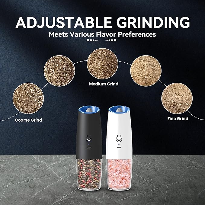 Rechargeable Electric Salt and Pepper Grinder set of 2, gravity electric salt and pepper grinder set, Adjustable Roughness, LED Light, 2 Pack, (Black&White)
