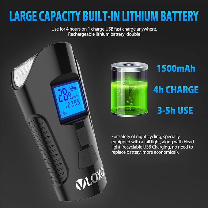VLOXO Bike Speedometer with LED Bike Light, IP65 Waterproof Bicycle Odometer with Horn LED Front & Tail Light USB Rechargeable Bicycle Computer