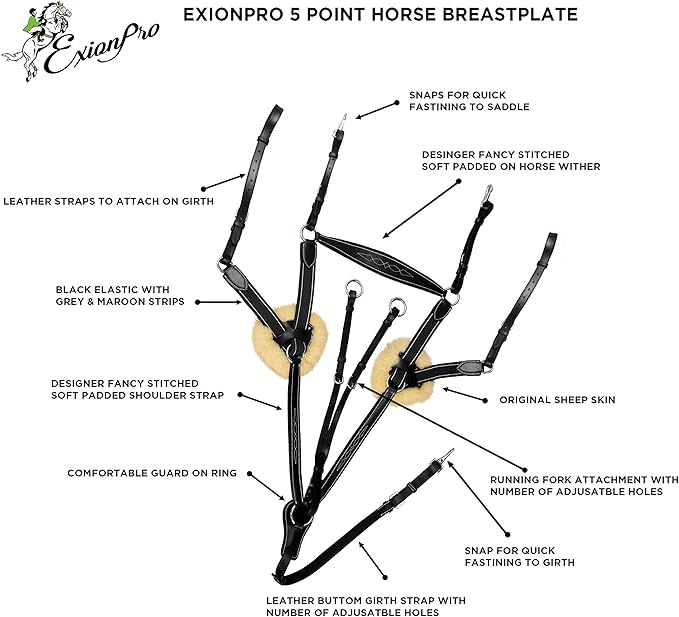 Exion 5-Point Horse Breastplate with Running Martingale | Real Sheepskin Linned | Black Elastic | Vegetable-Tanned Leather