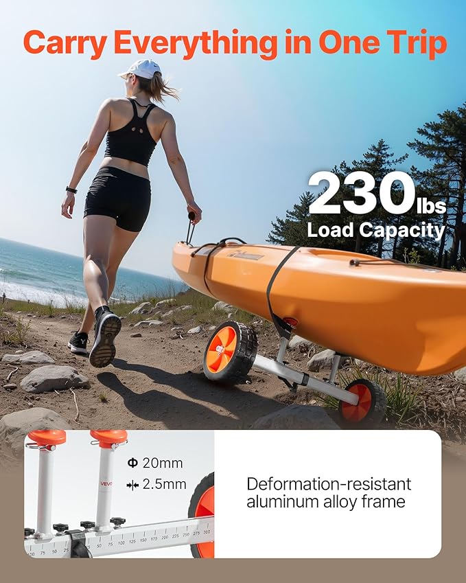 VEVOR Kayak Cart, 230/250lbs Canoe Cart Dolly with 7.5in/10in Solid Rubber Tires & Kickstand, Adjustable Width, Detachable Portable Watercraft Cart for Kayaks, Canoes, Paddle Boards