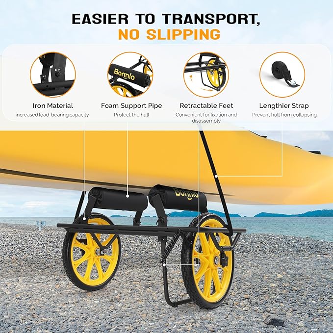 Bonnlo Durable Canoe Cart, All-Terrain Trolley Carrier with 15" Large Kayak Wheels, 330lbs Kayak Cart Dolly with Kickstand, Adjustable 4 Postions (8.66"-19.69") to Fit Kayaks, Canoes, and Small Boats