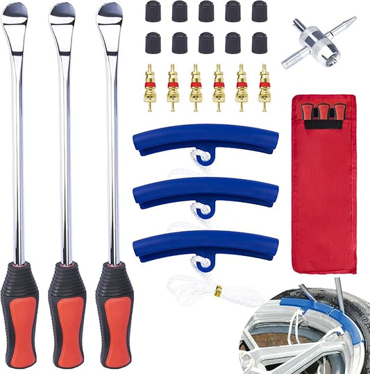 ecocstm 12.2 Inch Tire Spoons, Dirt Bike Tire Changing Tools, Tire Changing Kit, Tire Removal Tool, with Rim Protector, Valve Tool, Valve Cores and Caps, for Motorcycle/Lawn Mower/Tractor/Bicycle
