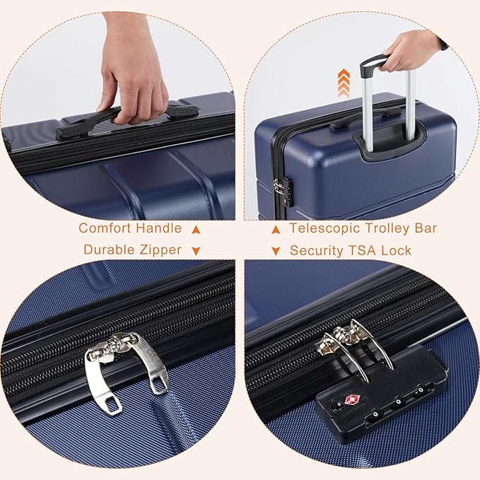 Sweetcrispy Carry on Luggage, Hard Shell ABS Suitcase with Double Spinner Wheels, Lightweight Expandable Rolling Suit Case with TSA Lock, 24 Inch Navy Blue