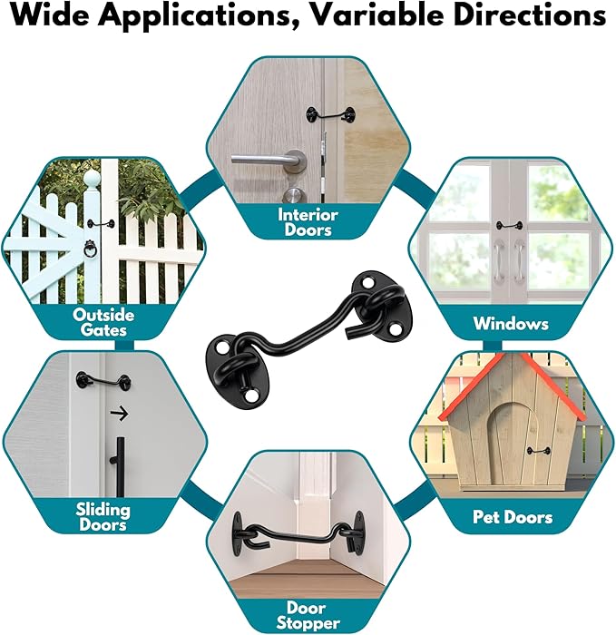 Rainspire (2 Pack) Privacy Hook and Eye Latch for Barn Door, Stainless Steel Gate Latch Barn Door Lock Cabin Hooks for Gate Shutters Window Slide Barn Shed Cabinet Bathroom (Black, 6 Inch)
