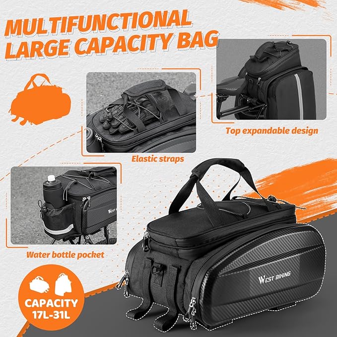 West Biking Waterproof Hard Shell Bike Rear Rack Bag 31L Capacity EVA Bicycle Trunk Pannier Bag for Commuting Touring Mountain Road E-Bike with Rain Cover (Black-3: 31L capacity)