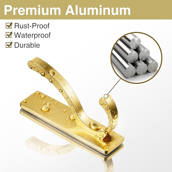 pickpiff Adhesive Wall Hooks for Towels - Sticky Hook Hanging Heavy Duty (13lb), Hanger for Door, Bathroom, Dorm, Closet - for Coats, Purse, Bag, Robe - No Damage to Wall - Gold 4 Pack