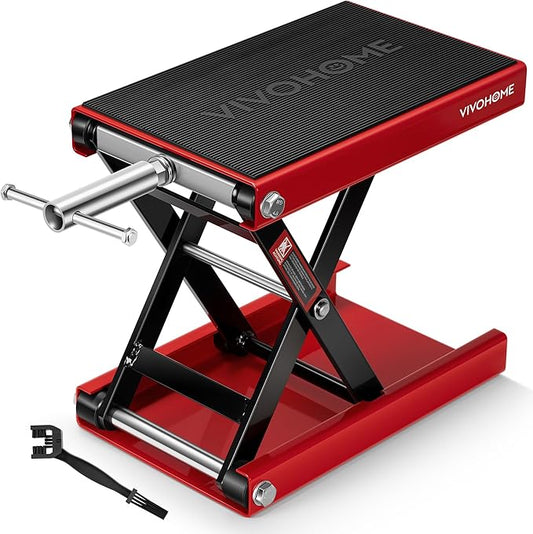 VIVOHOME 1100 LBS Motorcycle Lift Scissor Jack, Wide Deck Hoist Stand, Height Adjustable Center Stand with Crank, Steel Lift for Cruiser, Dirt Bike, ATV - Red