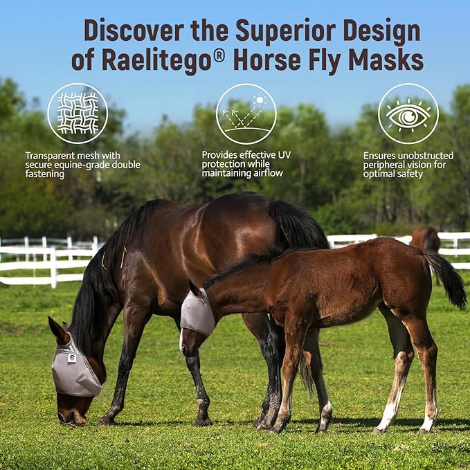 Raelitego Horse Fly Mask, Adjustable Fly Masks for Horses Without Ears, UV Protection from Insect Pests Comfort Mesh Without Nose Average Size Horses Accessories (XL)