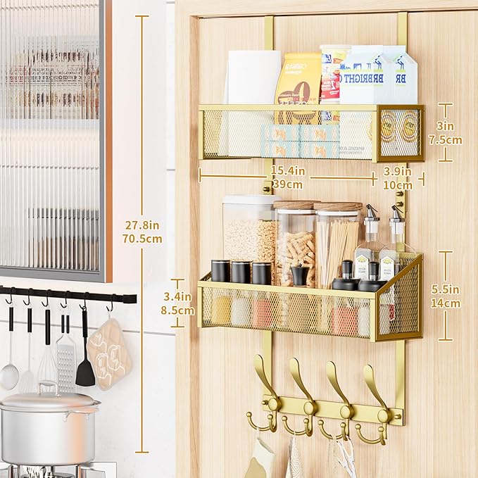 Over The Door Hooks Organizer, Coat Rack Over The Door Storage Hanger Towel Rack, Back of Door Storage Organizer for Bathroom,Bedroom,Kitchen,Office (Gold, 3-Tier)