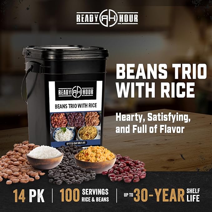 Ready Hour 豆トリオとライスバケツキット (100食) サバイバル豆と米、保存食、非常用食料、プレッパー、簡単調理、保存期間30年