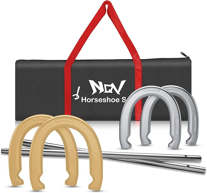 NQV Horseshoe Outdoor Game Set –Horse Shoe Game Kit,Sports Horseshoes Sets, Includes 4 Steel Horseshoes, 2 Metal Stakes & Carry Bag – Perfect for Lawn, Backyard, or Tailgating