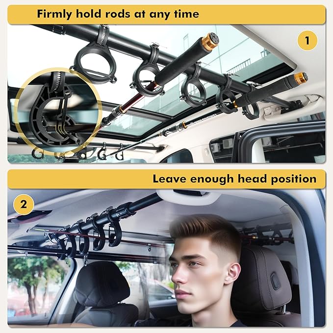 Hikeen Fishing Rod Holder for Car, Vehicle Fishing Pole Holder Roof Rack Inside,5 Rod Capacity, Heavy Duty Adjustable 28-59 Inch, Fishing Rod Carrier Pole Storage for Trucks,SUV, Wagons, Van